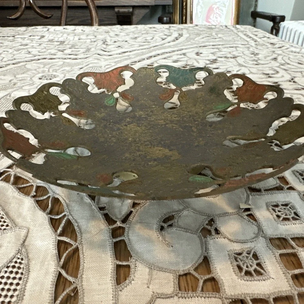 Vintage 1950's Brass Enameled Openwork Bowl Plant Stand From India